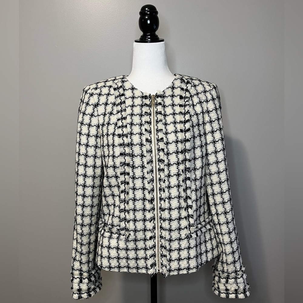 Karl Lagerfeld Plaid Tweed Fringe Crop Full Zip Blazer